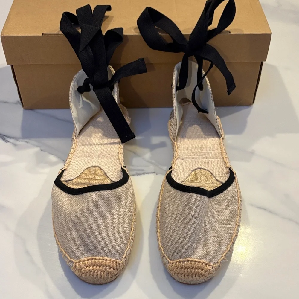 Women's Beige Espadrille Flats with Black Accents